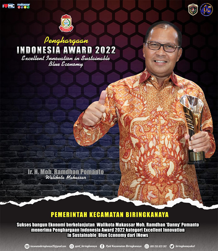 Sukses Bangun Ekonomi Berkelanjutan Walikota Makassar Moh. Ramdhan 'Danny' Pomanto,  Menerima Penghargaan Indonesia Award 2022 Katagori Excellent Innovation In Sustainable Blue Economy Dari INews